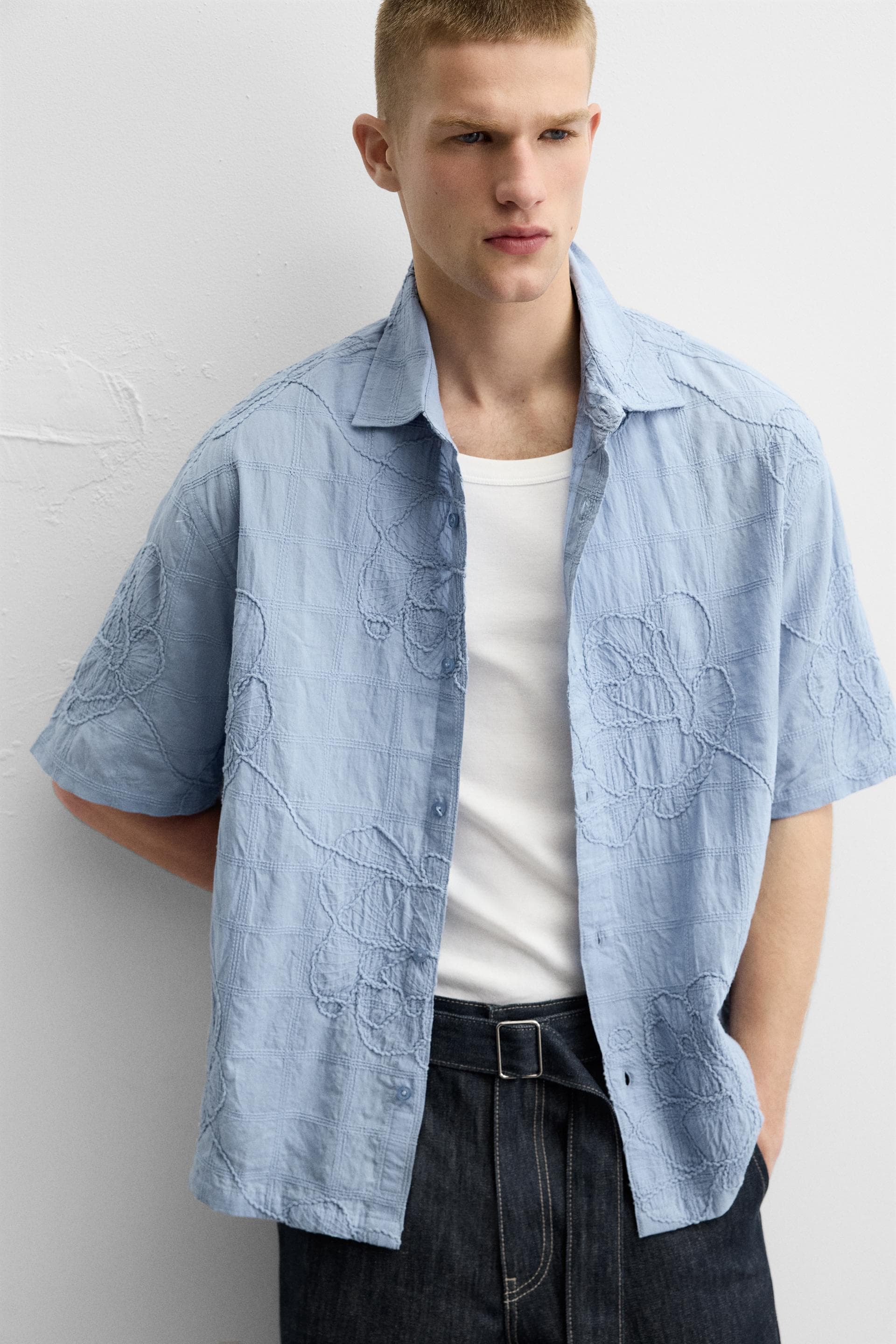 Sky blue test shirt worn
